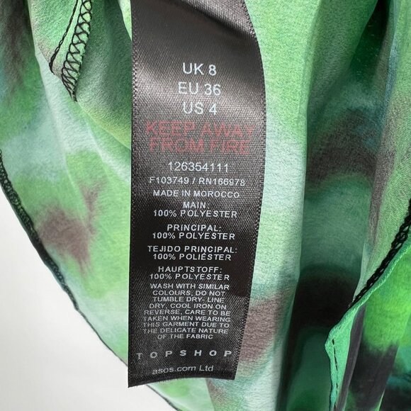 Topshop Ruffle A-Line V-Neck Watercolor Bell Sleeve Mini Dress Green Size 4 NWOT - Picture 8 of 9